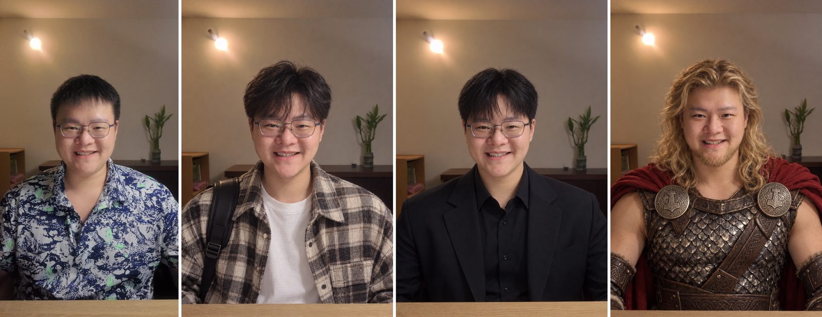 四張並排的正面照,最左邊是原本的花襯衫,接著依序換成米色格紋襯衫外套、黑色西裝、北歐雷神造型的盔甲與長捲髮,臉跟背景都是同一個