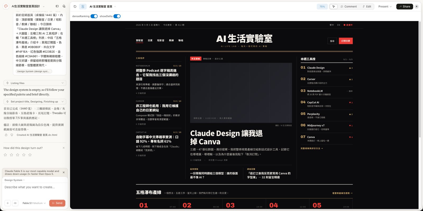 照著紐約時報版面做出來的 AI 生活實驗室官網首頁：黑底、多欄、頭條區、右欄工具榜、下方五格產線