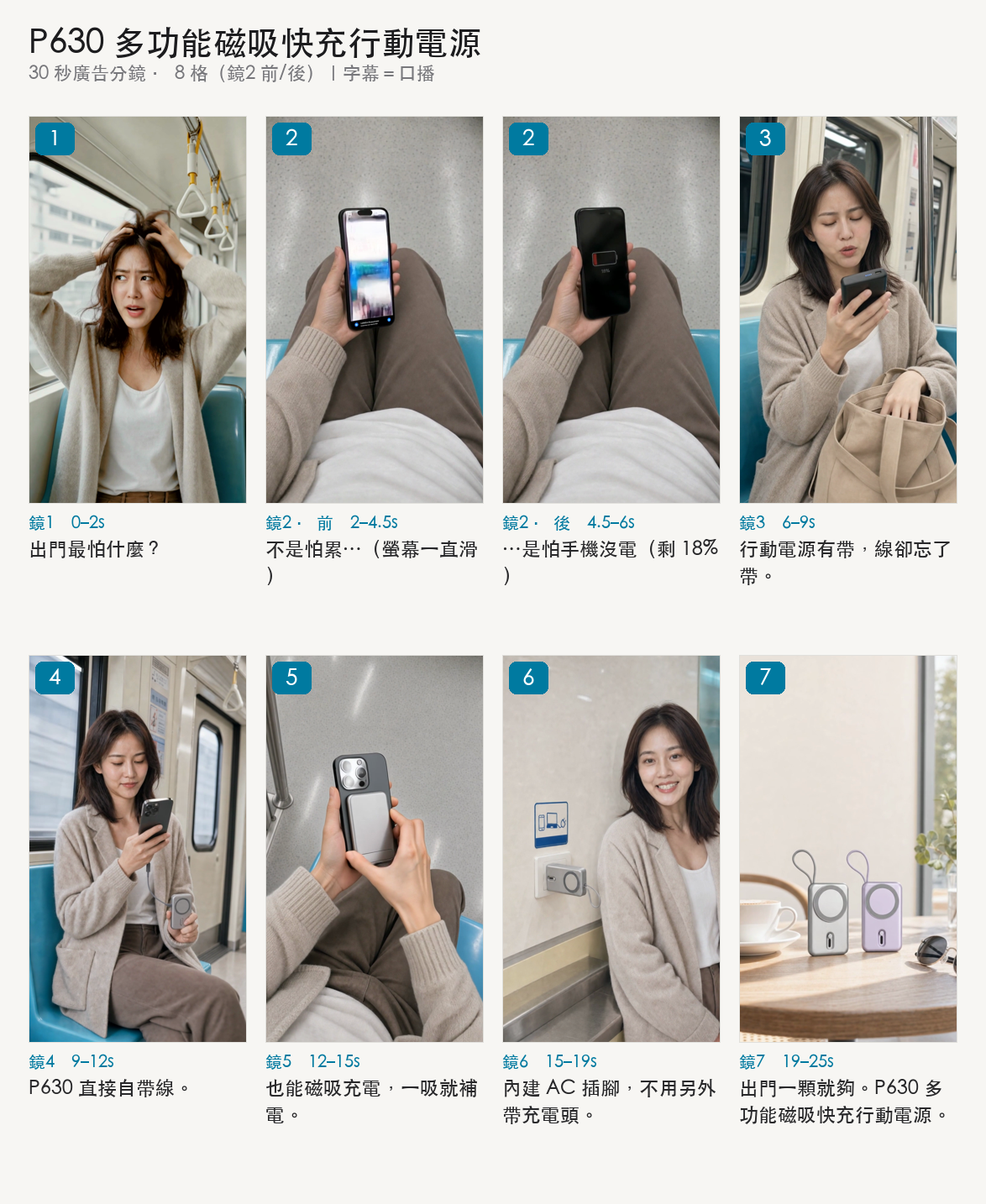 P630 行動電源 30 秒廣告的完整分鏡圖,上下兩排共 8 格,每格標了鏡號、秒數與台詞