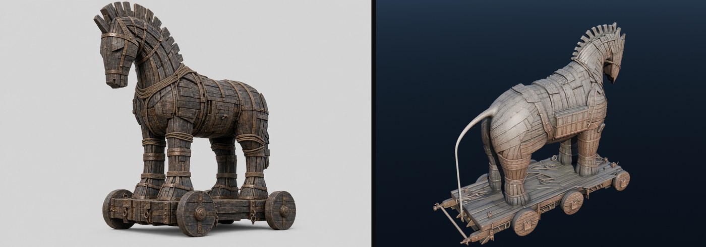 左邊是 AI 生成的木馬平面圖,灰色背景乾淨無雜物;右邊是它被轉成 3D 模型之後的樣子